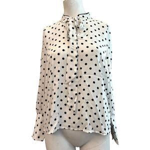 Haute Monde Women’s S Polka Dot Blouse Ties Pearl Buttons on Cuffs Black White